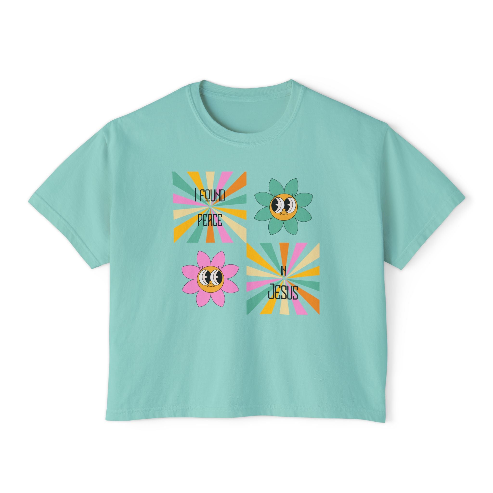 Retro "I found peace in Jesus" Boxy Tee — Woman's  Retro SqaureFlower Design
