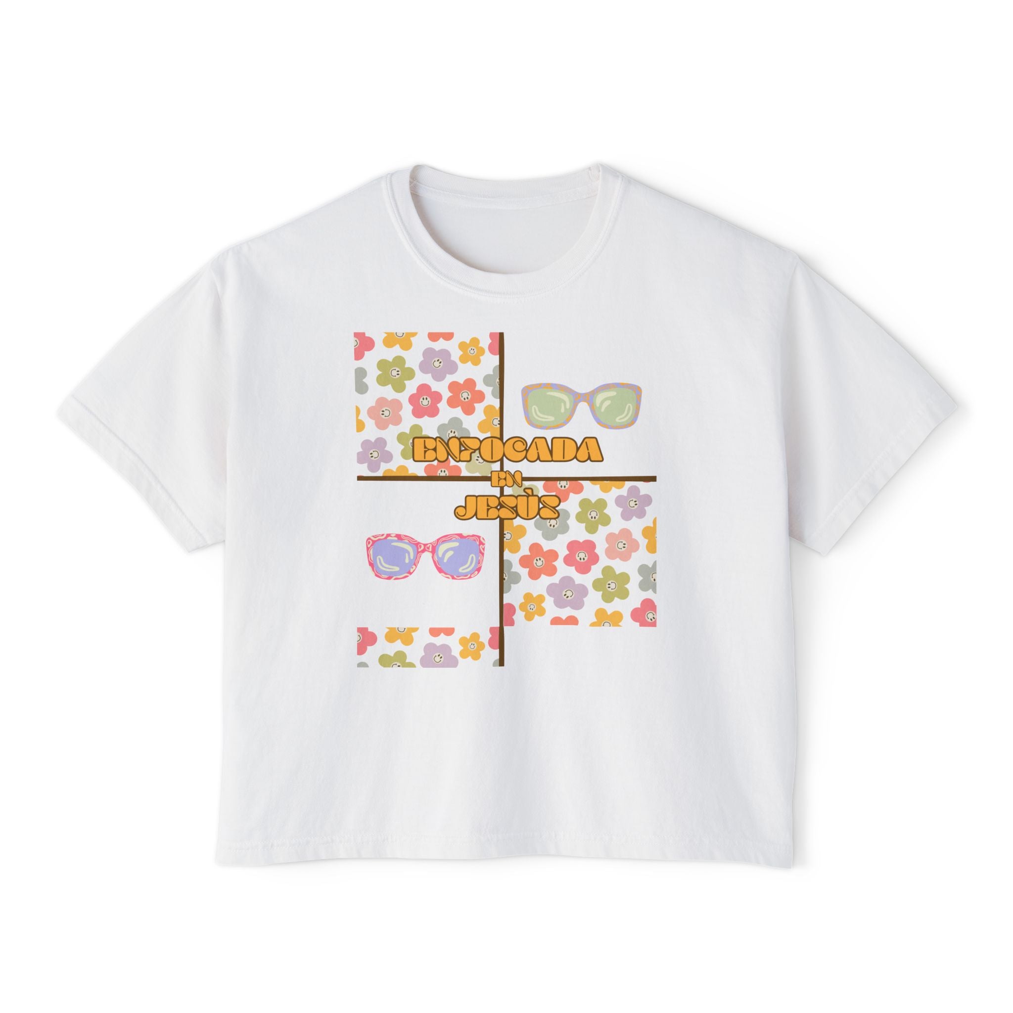 Retro Spanish Sunglasses Boxy Tee — 'Enfocada en Jesús' Graphic Top