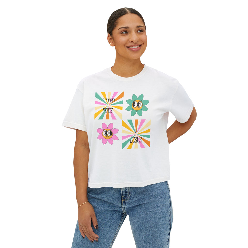 Retro "I found peace in Jesus" Boxy Tee — Woman's  Retro SqaureFlower Design