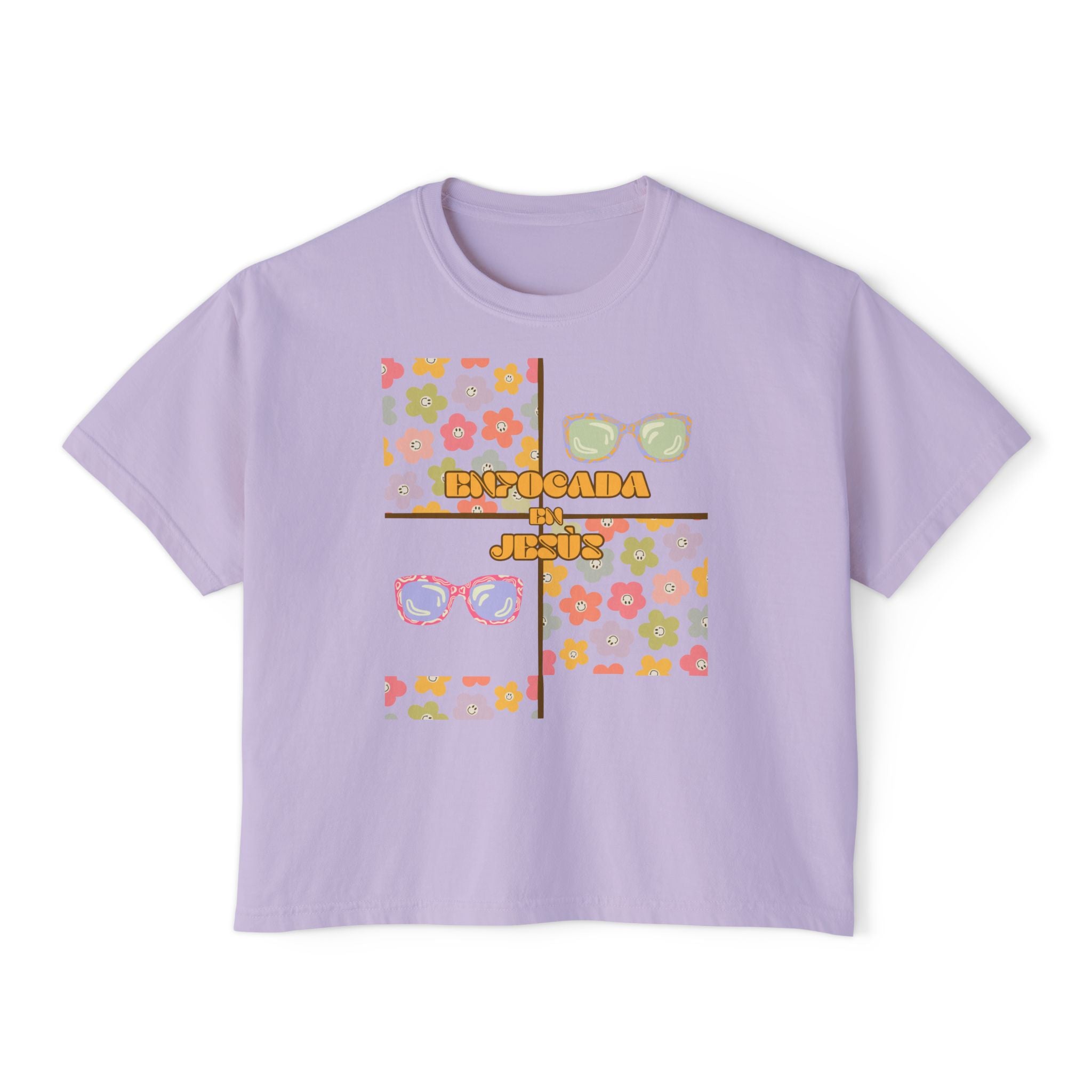 Retro Spanish Sunglasses Boxy Tee — 'Enfocada en Jesús' Graphic Top