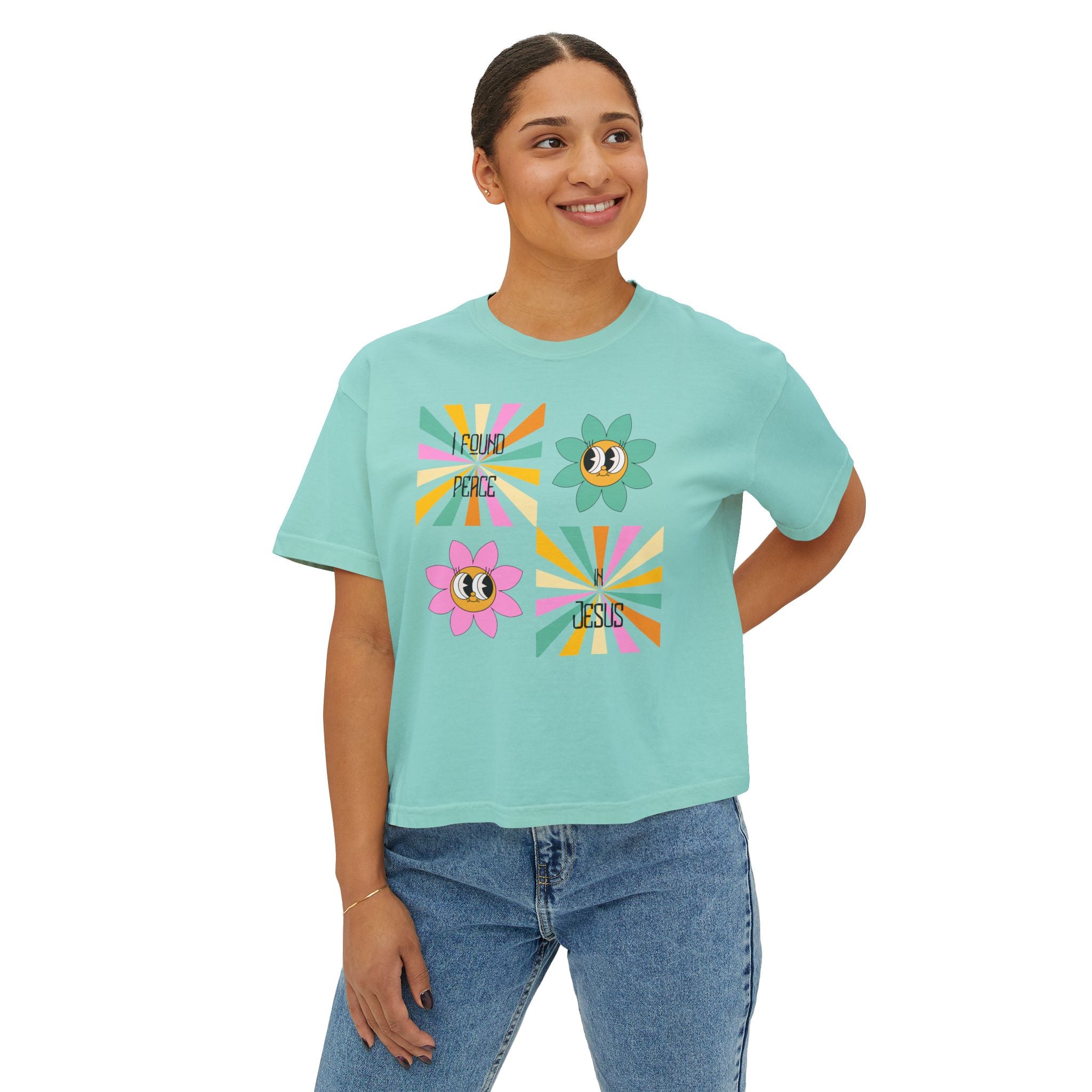 Retro "I found peace in Jesus" Boxy Tee — Woman's  Retro SqaureFlower Design