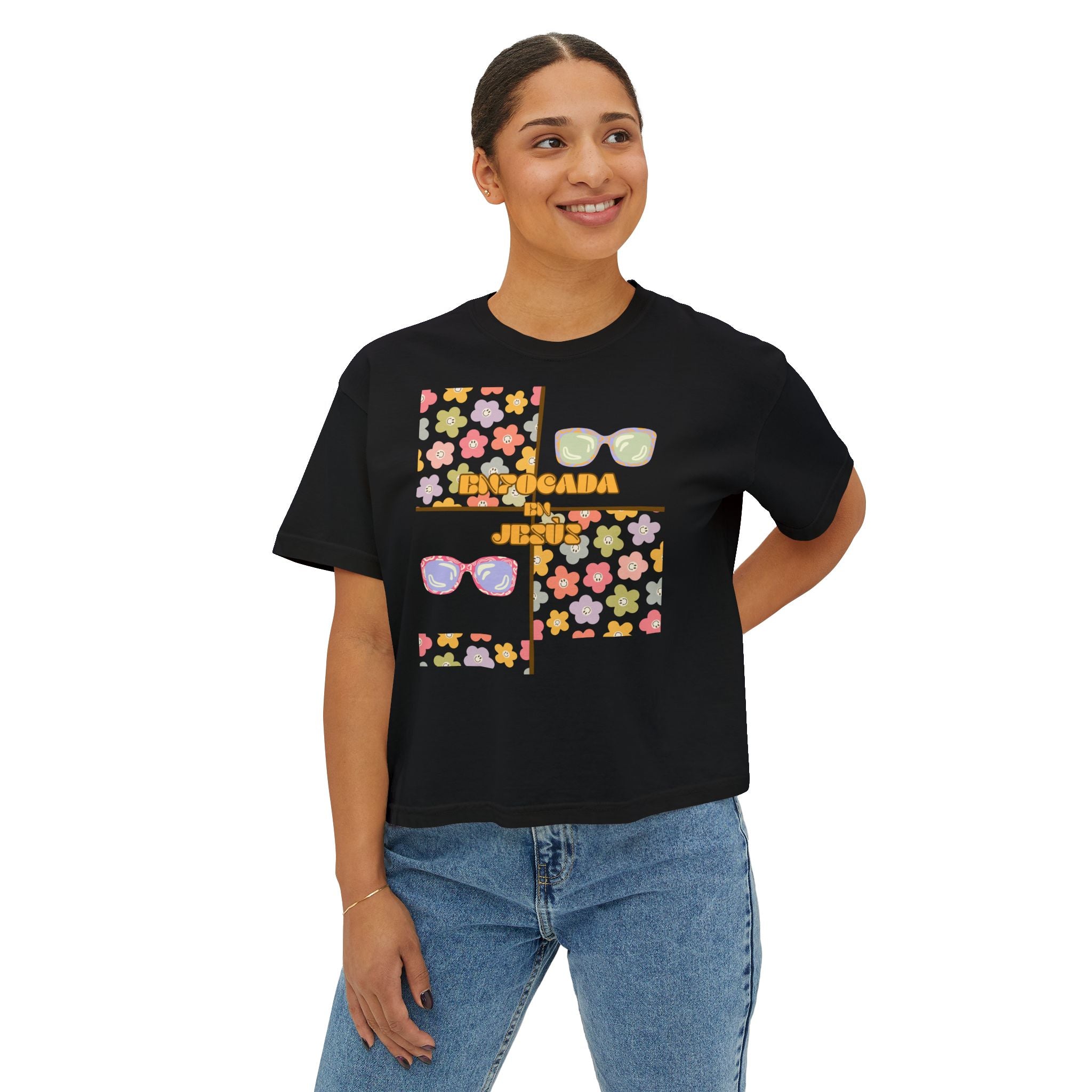 Retro Spanish Sunglasses Boxy Tee — 'Enfocada en Jesús' Graphic Top