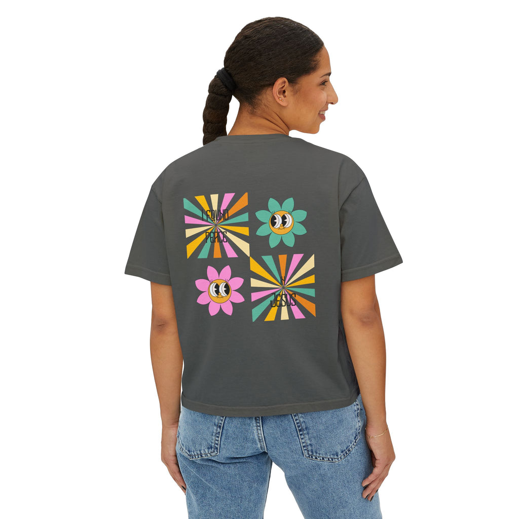 Retro "I found peace in Jesus" Boxy Tee — Woman's  Retro SqaureFlower Design