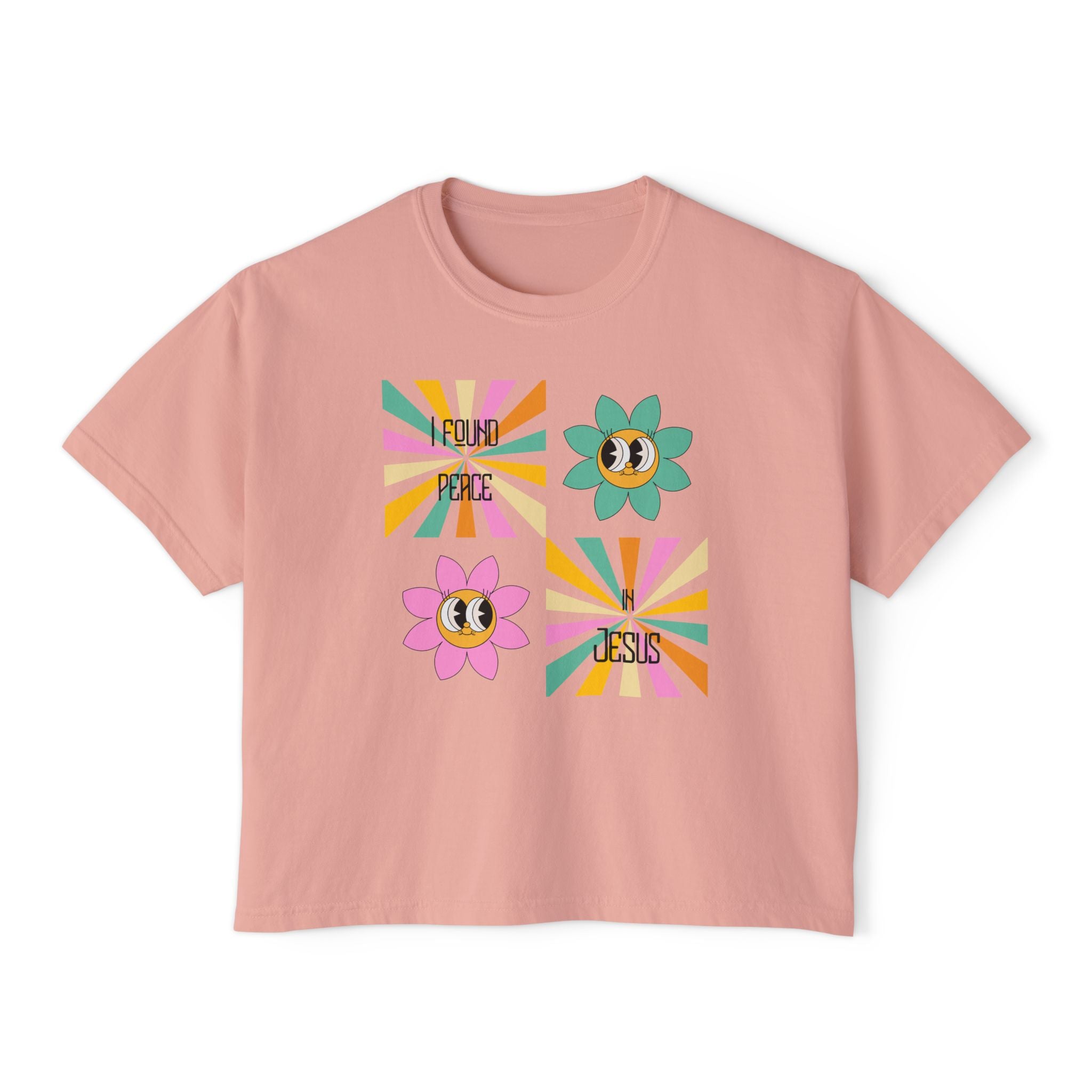 Retro "I found peace in Jesus" Boxy Tee — Woman's  Retro SqaureFlower Design