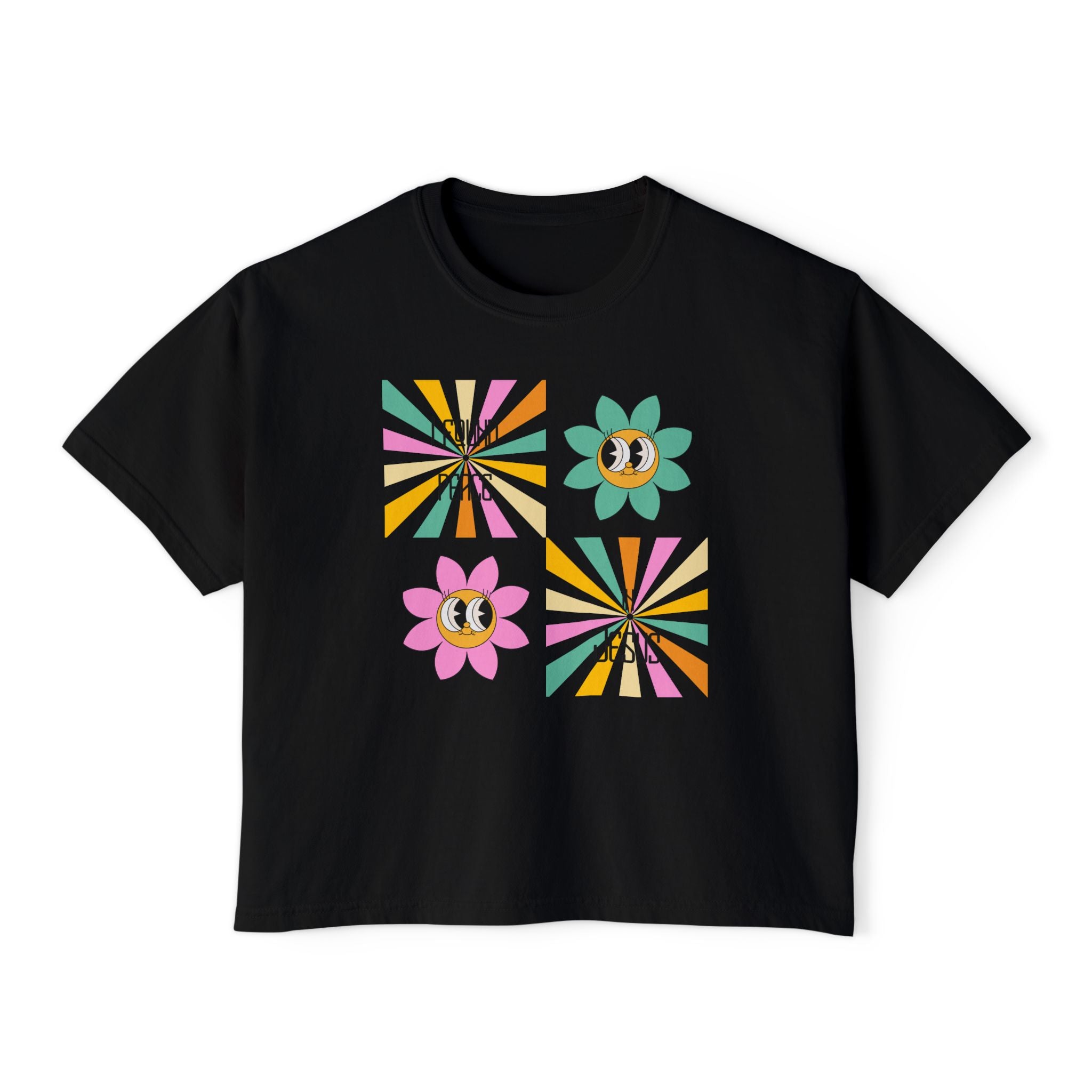 Retro "I found peace in Jesus" Boxy Tee — Woman's  Retro SqaureFlower Design