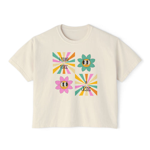 Retro "I found peace in Jesus" Boxy Tee — Woman's  Retro SqaureFlower Design