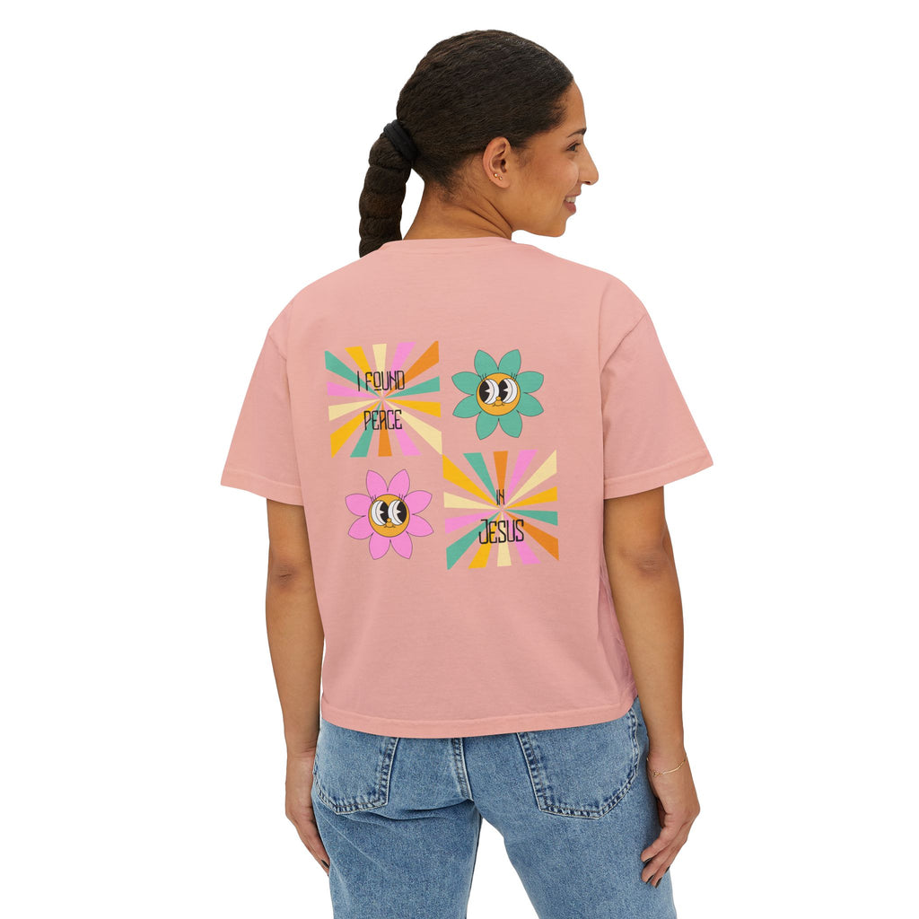 Retro "I found peace in Jesus" Boxy Tee — Woman's  Retro SqaureFlower Design