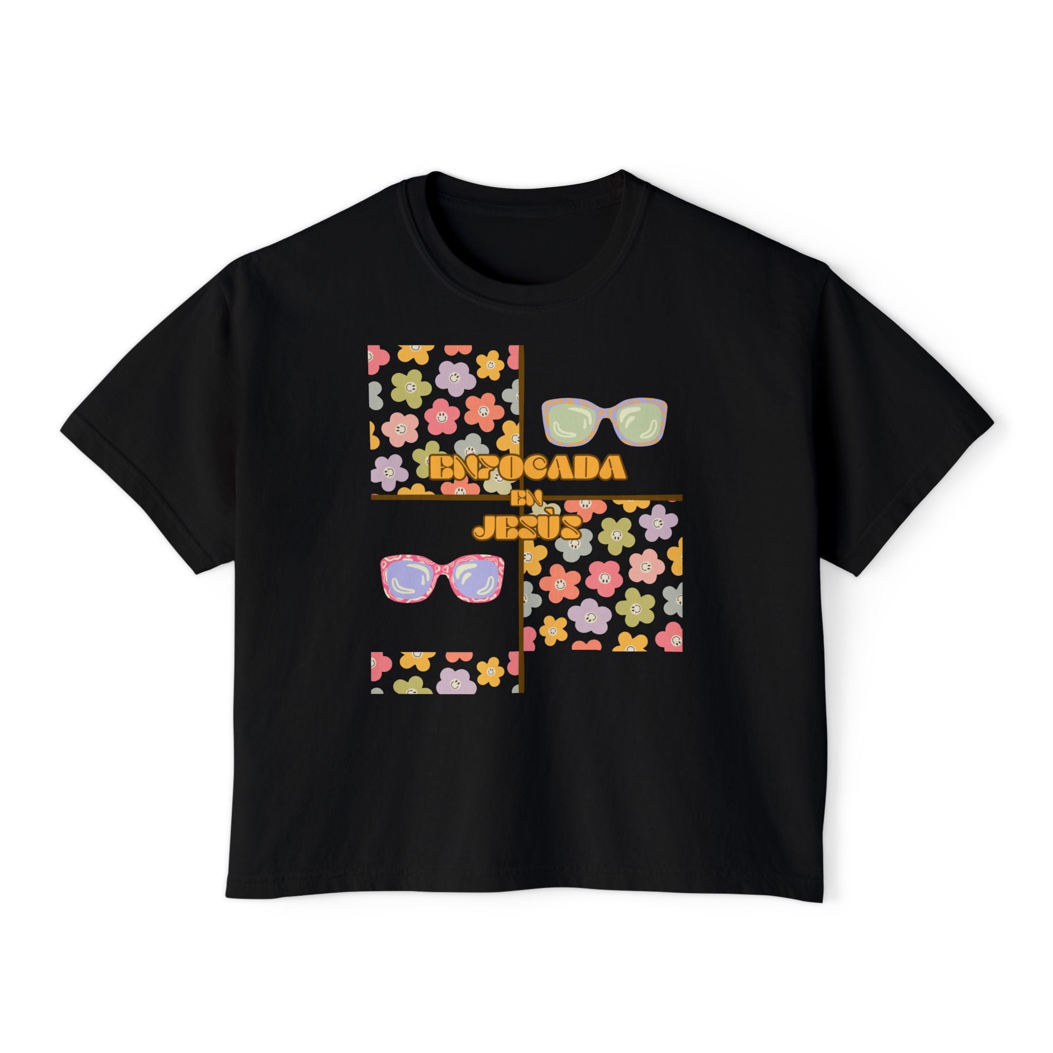 Retro Spanish Sunglasses Boxy Tee — 'Enfocada en Jesús' Graphic Top