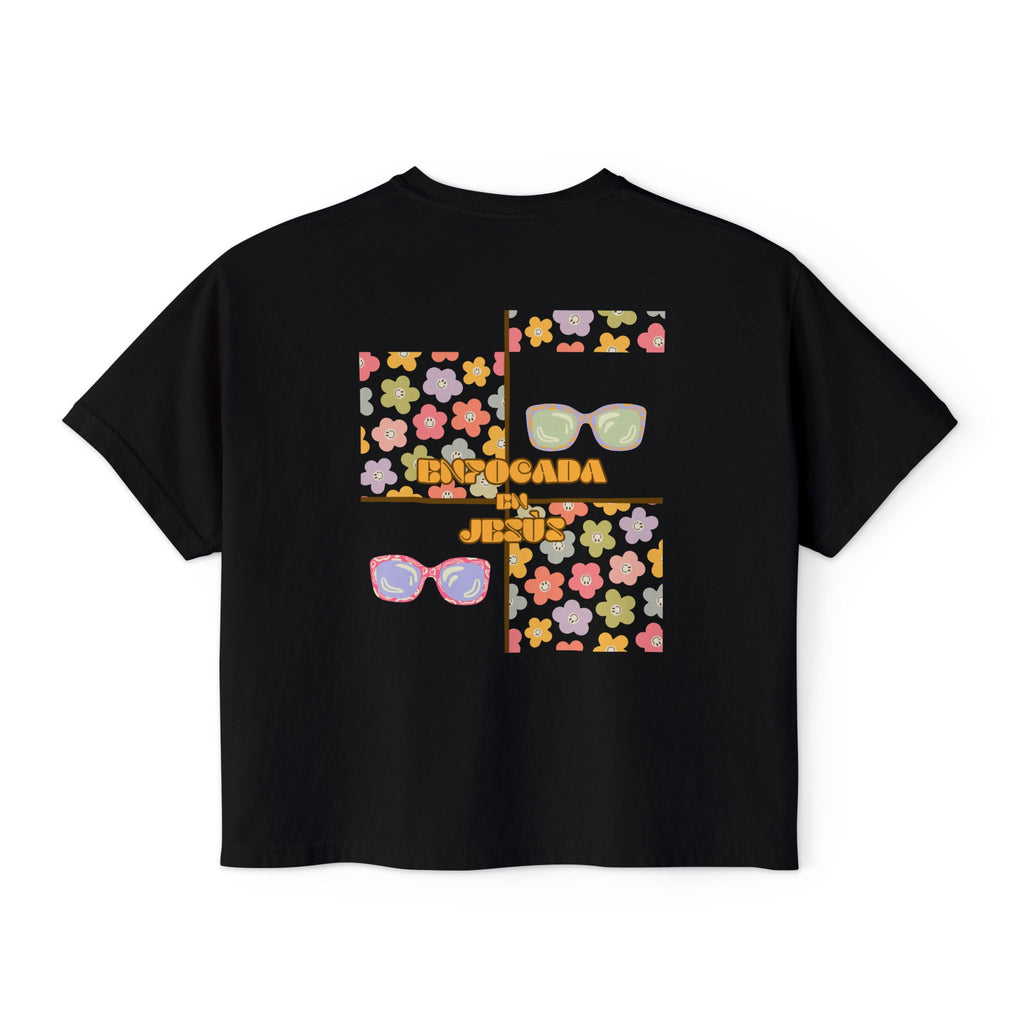 Retro Spanish Sunglasses Boxy Tee — 'Enfocada en Jesús' Graphic Top
