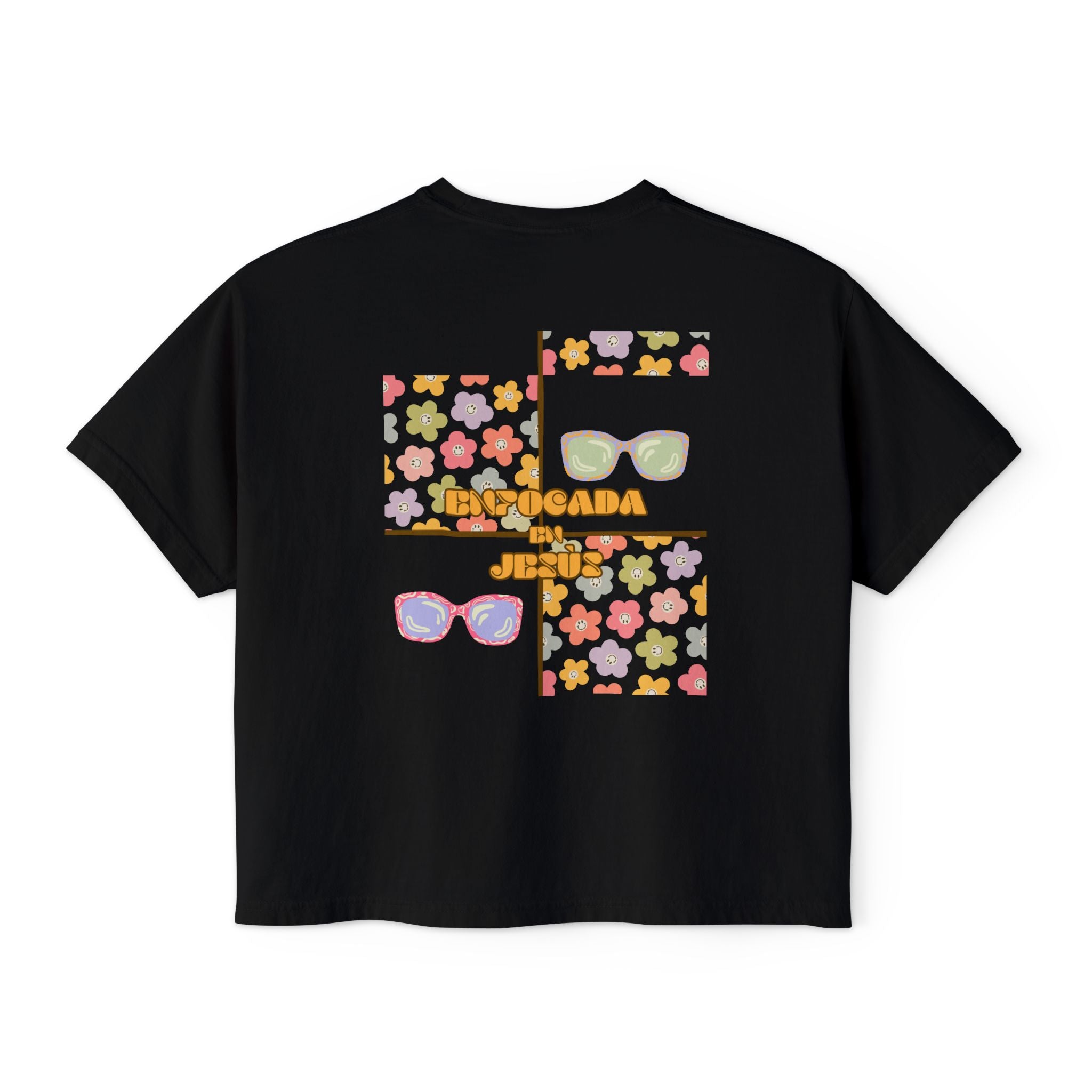 Retro Spanish Sunglasses Boxy Tee — 'Enfocada en Jesús' Graphic Top