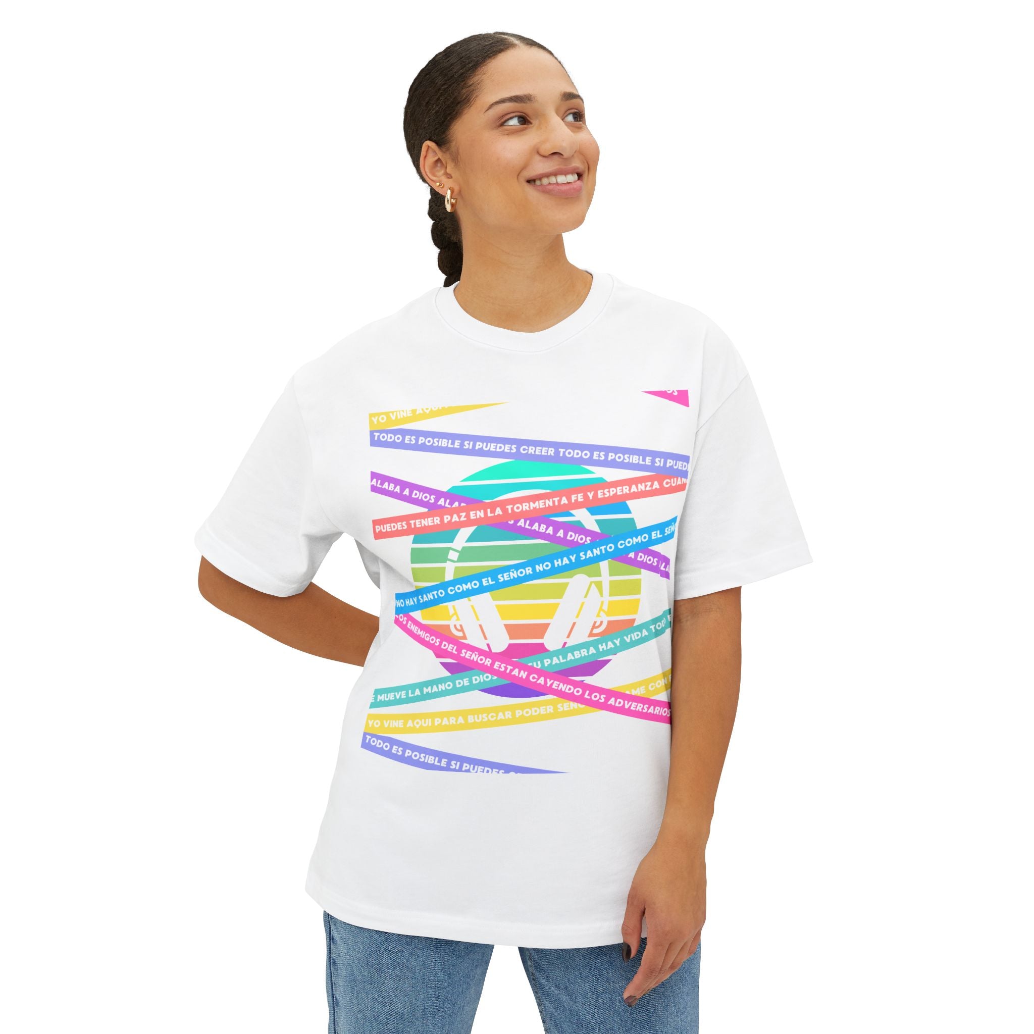 Woman's Spanish Music Tee (Música Cristiana letras)— Oversized Boxy with Colors
