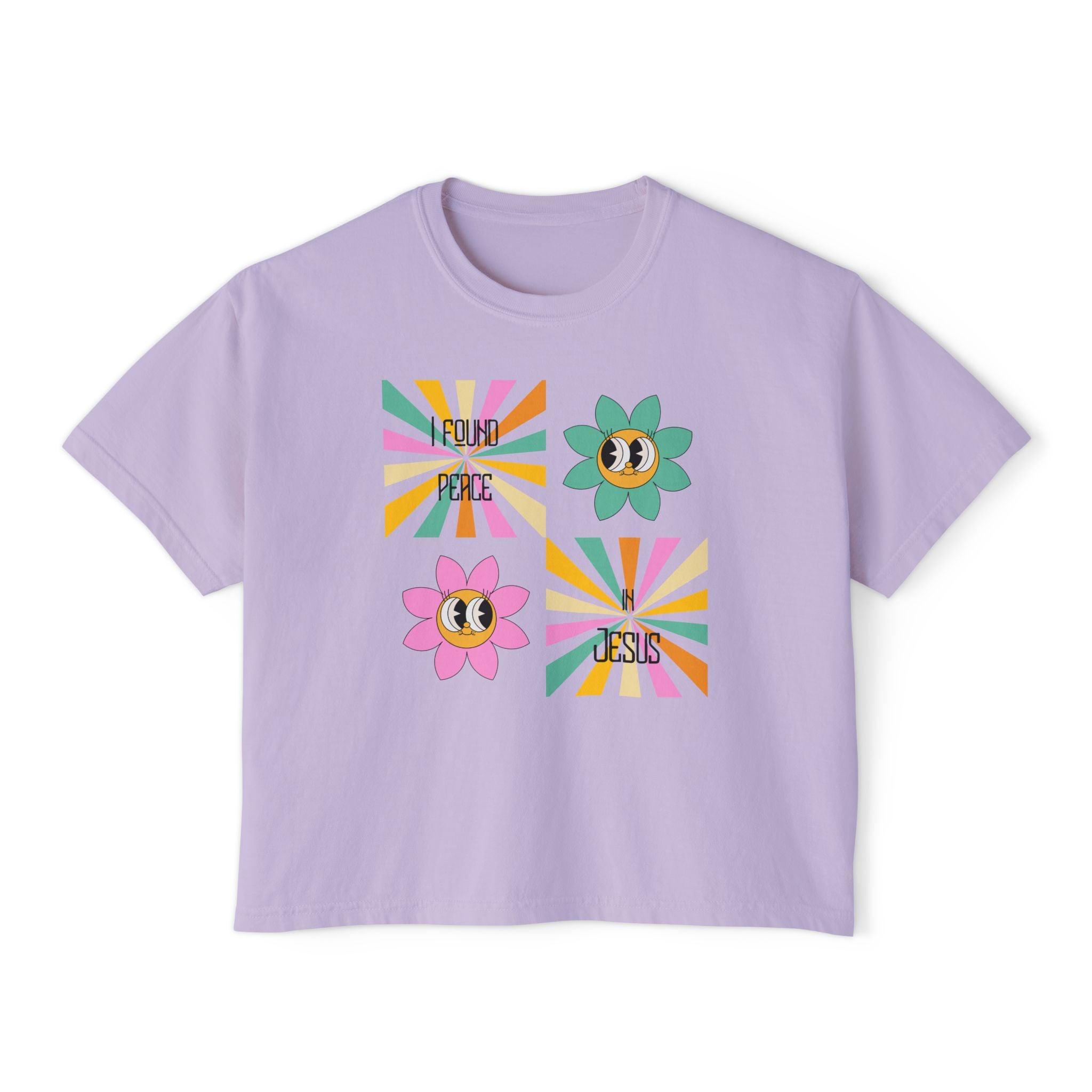 Retro "I found peace in Jesus" Boxy Tee — Woman's  Retro SqaureFlower Design