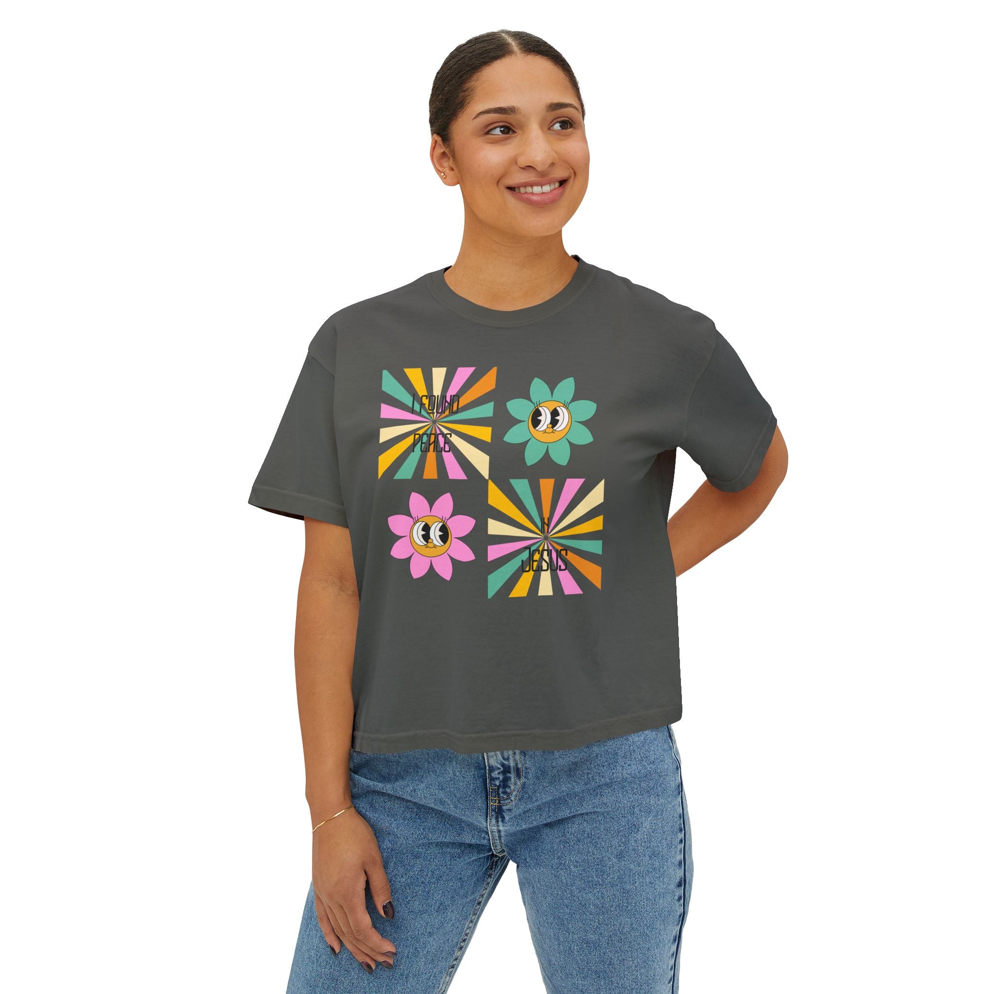 Retro "I found peace in Jesus" Boxy Tee — Woman's  Retro SqaureFlower Design