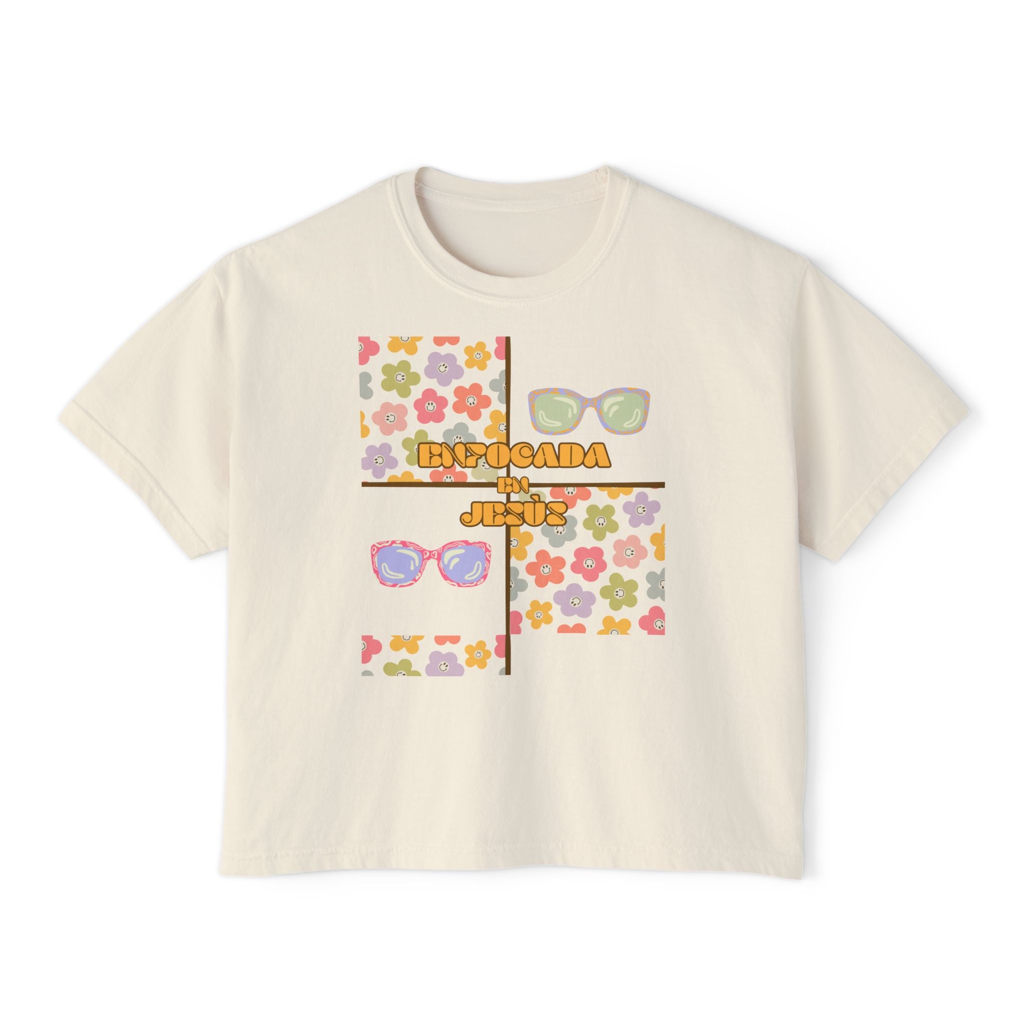 Retro Spanish Sunglasses Boxy Tee — 'Enfocada en Jesús' Graphic Top