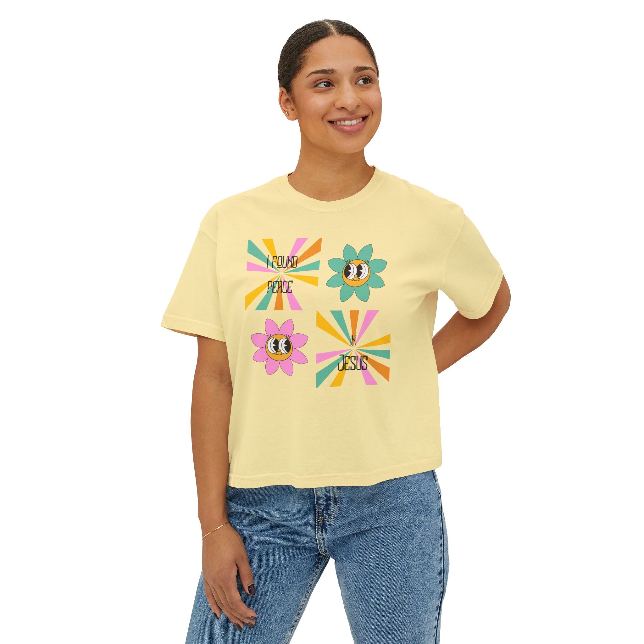Retro "I found peace in Jesus" Boxy Tee — Woman's  Retro SqaureFlower Design