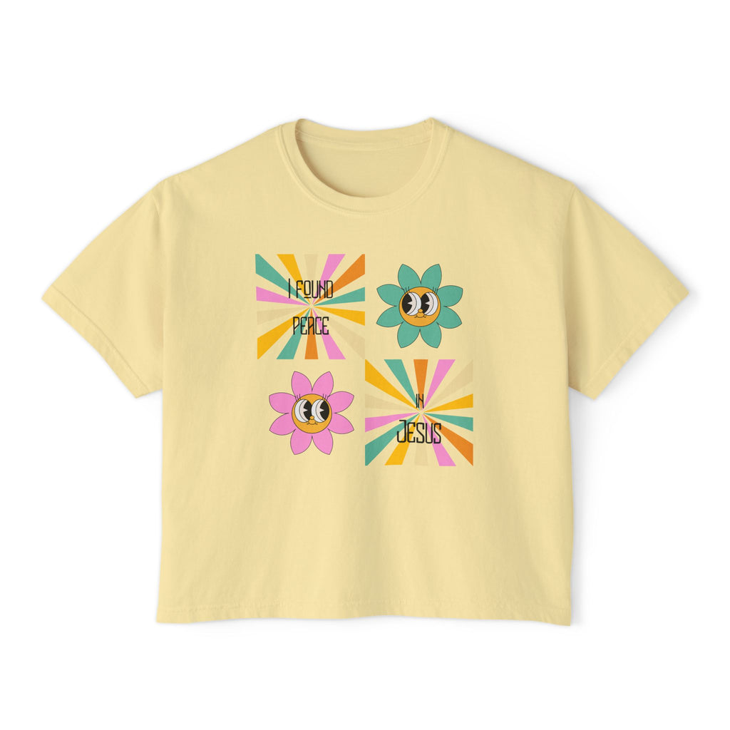 Retro "I found peace in Jesus" Boxy Tee — Woman's  Retro SqaureFlower Design